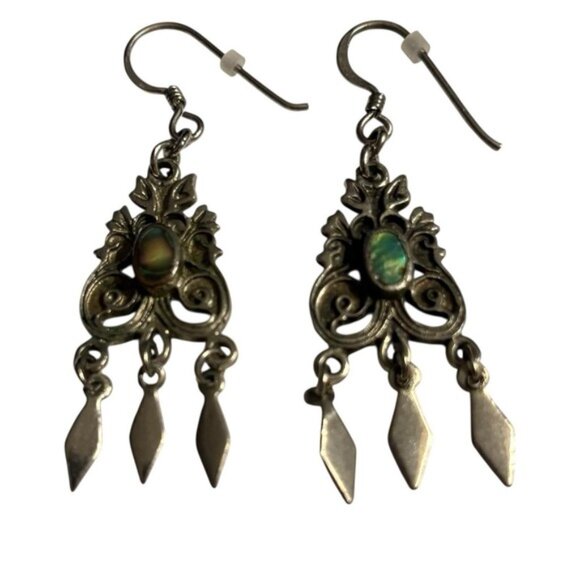 Abalone Shell Earrings Pot Metal Silver Tone Southwestern VTG Dangle Drop Ornate - Picture 8 of 10